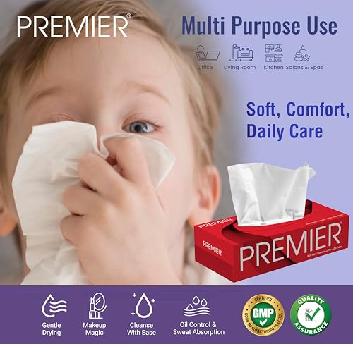 Image of Premier 2-Ply Box Face Tissue Papers - 100 Pulls per Box (Pack of 4, 400 Pulls, 800 Sheets) -Ultra Soft, Gentle & Highly Absorbent Facial Tissues for Home, Office, Car & Travel | Red