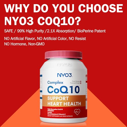 NYO3 Coenzima Q10 Softgel Per Proteggere La Salute Cardiaca Migliorare l’ Immunità Aggiungere Fosfolipidi e Piperina Nera VE e Zinco Buona Purezza di Assorbimento Elevato Contenuto Nutritivo 120mg