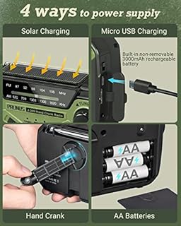 Portable Radio Dynamo Survie, PRUNUS J-369 AM/FM Radio à Pile avec 3000mAh Power Bank/SOS Alarm/Lampe Poch/Panneau Solaire, Haut-parleurs, Ourdoor, Emergency (Vert)