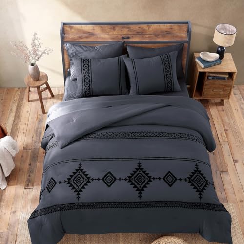 Image of MaiReve Embroidery Queen Comforter Set 7 Pieces Crown Blue Bed in a Bag