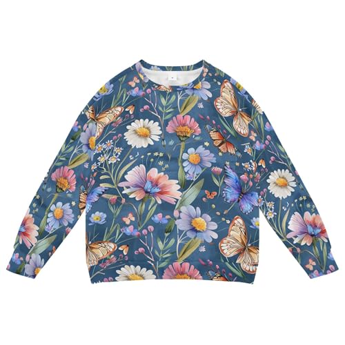 JUNZAN Colorful Butterflies and Flowers Navy Blue Kids Girls Hoodie Sweatshirt Fleece Kids Pullover Hoodie Sports 4T