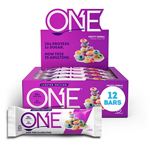 ONE Protein Bars, Fruity Cereal, Gluten-Free Protein Bar with 20g Protein and only 1g Sugar, Snacking for High Protein Diets, 2.12 Ounce (12 Pack)