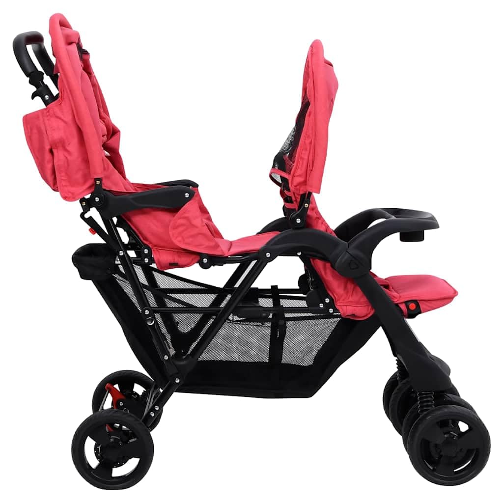 Passeggino gemellare, rosso, acciaio e lino, pieghevole, compatto, adatto per città e terreno, con tettuccio parasole e cestino, per neonati e bambini piccoli