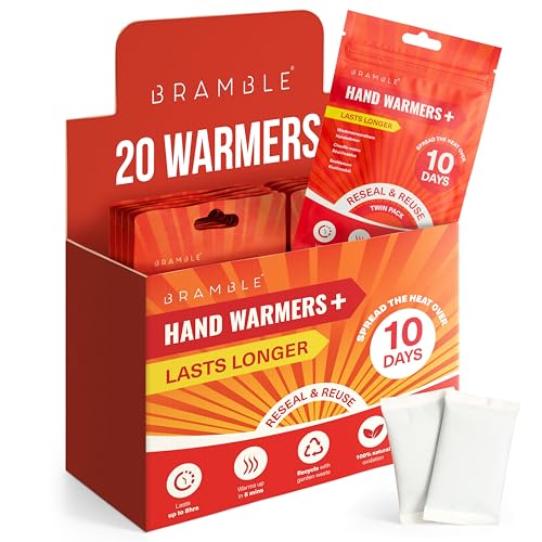 Bramble – Reusable Hand Warmers (10 Pairs, 20 Total) – Air Activated Pocket Warmers with Resealable Pouch – Warm in Minutes & Odour-Free – 8 Hours of Heat across multiple uses