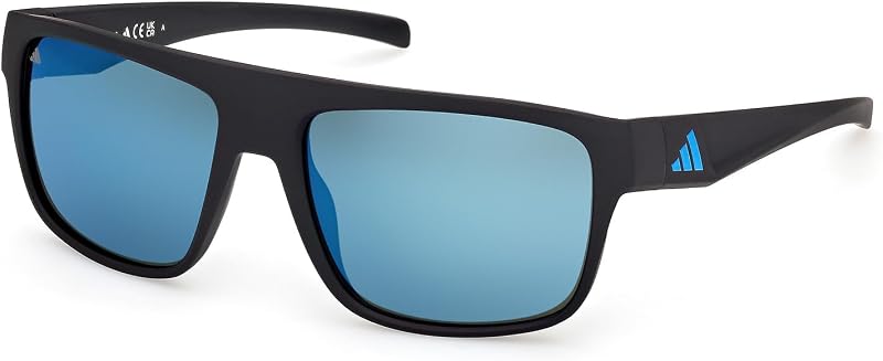 lentes de sol adidas para hombre con montura Sport espejada de color azul mate | Construcción ligera inyectada, lentes reflectantes, ajuste cómodo para el día a día, estilo atlético moderno, ropa de exterior