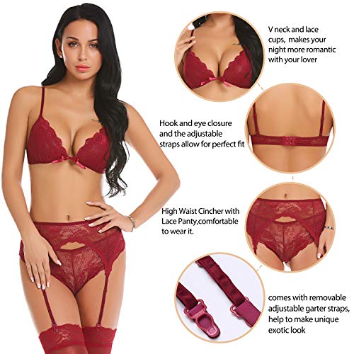 ADOME Women Lace Lingerie Set with Garter Belts Strap Babydoll V Neck Bodysuit Dark Red S - Thumbnail 4