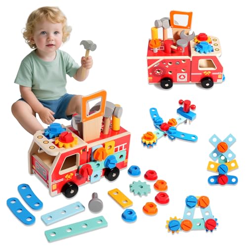 MonteSpi Juguete Montessori para Niños 2 3 4 5 Años   Maletín de Herramientas de Madera Estilo Coche 32 Piezas, Fabricación de Troncos, Desarrollo Motricidad Fina y Creatividad, Regalo Cumpleaños