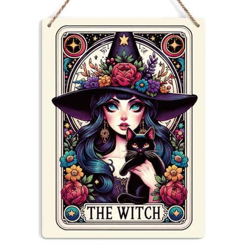 Krollma Funny Tarot Card Wall Art Decor Rustic Hanging Sign, Black Cat Witch Stuff Wiccan Witchcraft Supplies, Witchy Vibes Farmhouse Wall Hanging Sign, Decorative Wooden Sign for Home Office Bedroom