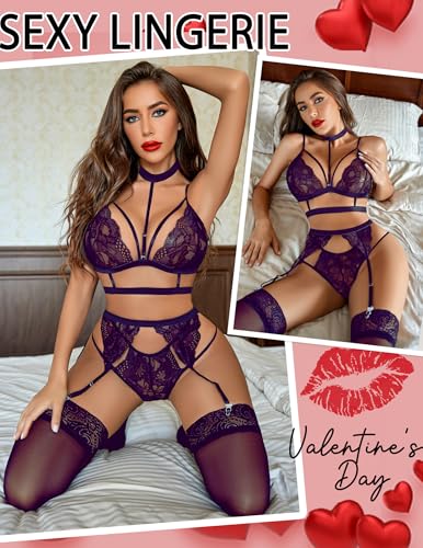 Image of Avidlove Lace Garter Lingerie Set with Removable Choker Teddy Babydoll Strappy Bra and Panty Set (No Stockings)