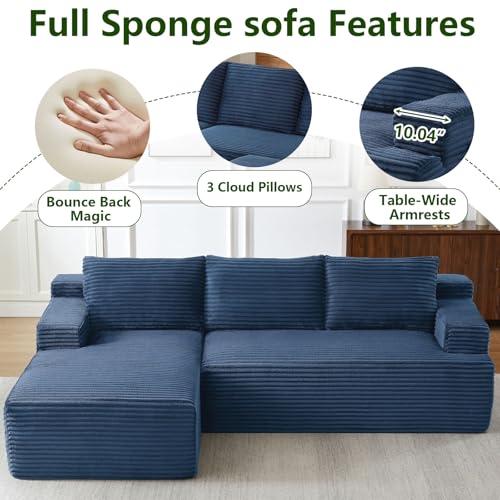 Image of 96 inch Modular Sectional Sofa, Modern Corduroy Cloud Couch, Boneless Couch Upholstered 3-Seater L-Shaped Sofa for Living Room, No Assembly Required (Blue, Left-Facing Chaise)