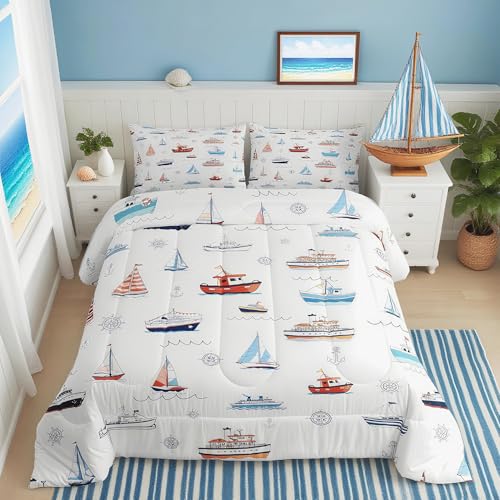Image of Nautical Sailboat Comforter Set Twin Size,Sea Transportation Ships Bedding Set 2Pcs,Boat Anchor Rudder Print Quilt Set,Kids Boys Girls Teens Room Decor,Blue Red White Duvet Insert,1 Pillowcase