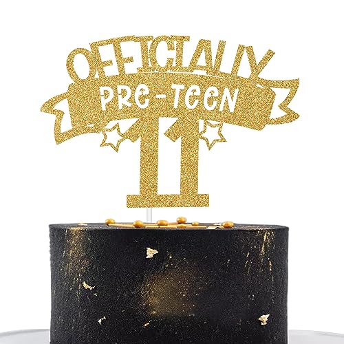 Officially Preteen 11 Cake Topper, Level 11 Unlocked, Eleven, Funny Happy 11th Birthday Party Decorations Supplies Gold Glitter