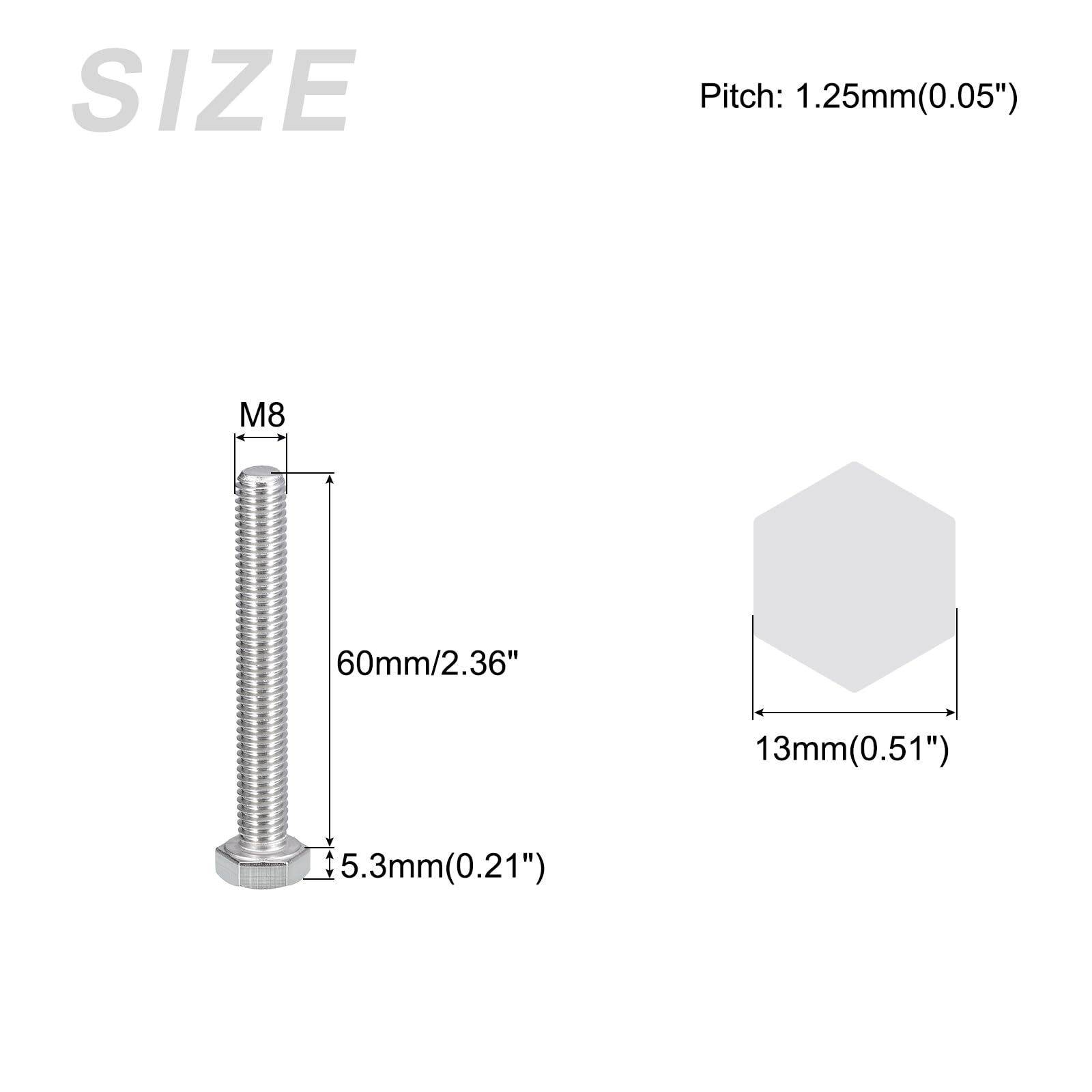 METALLIXITY Hex Bolts (M8-1.25x60mm) 5Pcs, 304 Stainless Steel Coarse Fully Threaded Hex Head Screw Bolt Machine Screws - Image 2