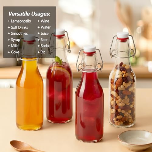 Image of Ruckae 12 Pack 8.5oz Swing Top Glass Bottles with Lids Kombucha Coquito Flip Top Glass Bottle for Syrup Vanilla Extract Brew Beer Kefir Air Tight Bottles for Gift (8.5 oz 12 pack)