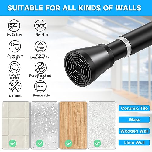 Image of AIZESI Black Spring Tension Curtain Rods 28 to 48 Inch, Adjustable Curtain Rods No Drilling, Expandable Spring Curtains Rod, Non-slip Shower Curtain Rod for Bathroom Closet Doorway (7 /8 inch Diameter)