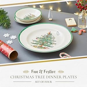 Spode Christmas Tree 10.5" Dinner Plate (Set of 4) - Festive Holiday Stoneware Plate with Christmas Tree & Green Borders, Microwave, Dishwasher, Freezer, Oven Safe - Collectible Holiday Tableware Spode Christmas Tree 105 Dinner Plate Set of 4 Festive Holiday Stoneware Plate with Christmas Tree Green Borders Microwave Dishwasher Freezer Oven Safe Collectible Holiday Tableware