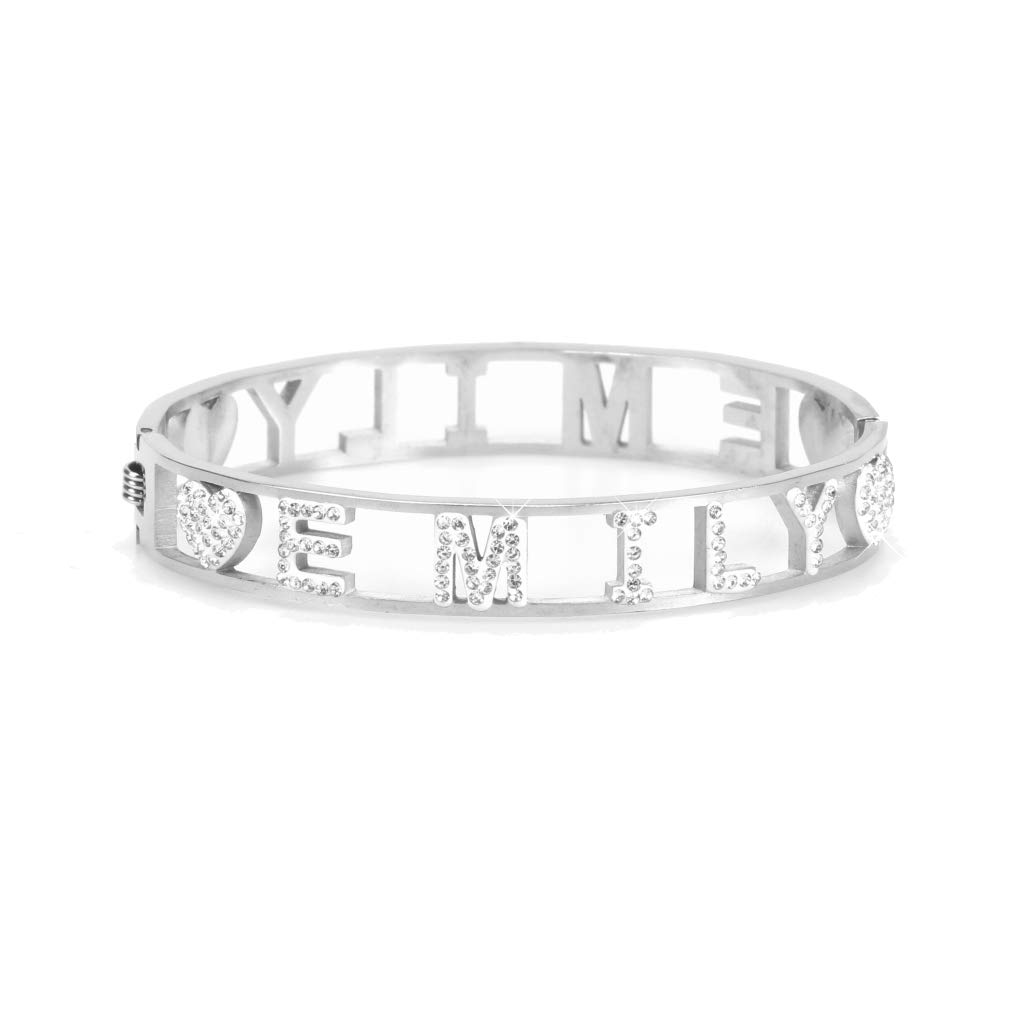 Flowers Bracciale Rigido Acciaio con Nome Vari e Zirconcini Sacchettino in Tessuto Scritta Nome ricoperta di Strass Brillantissimi Bracciale a Manetta Donna Chiusura a Molla Idea Regalo
