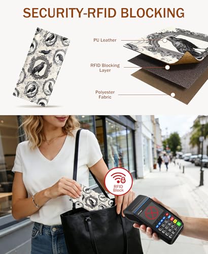 Image of Immaturus Crow Womens Wallet, Slim Thin RFID Blocking Card Wallets, Bifold PU Leather Credit Card Holder Organizer, Cute Cash Clutch Long Billfold with Zipper Coin Pocket Ladies Girls Gift