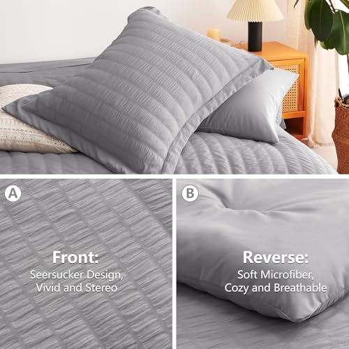 Image of CozyLux Oversized King Comforter Set with Sheets, 7 Pieces 120 inchx98 inch Grey Seersucker Bed in a Bag, Gray Luxury Soft Bedding Sets with Down Alternative Comforter, Sheets, Pillowcases & Shams All Seasons