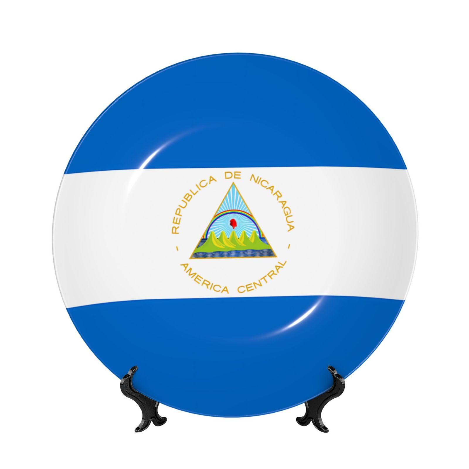 SXZVVBN Flag of Nicaragua Bone China Decorative Plate Art with Stand Removable Adhesive Hanging for Home Office 8in（20cm）