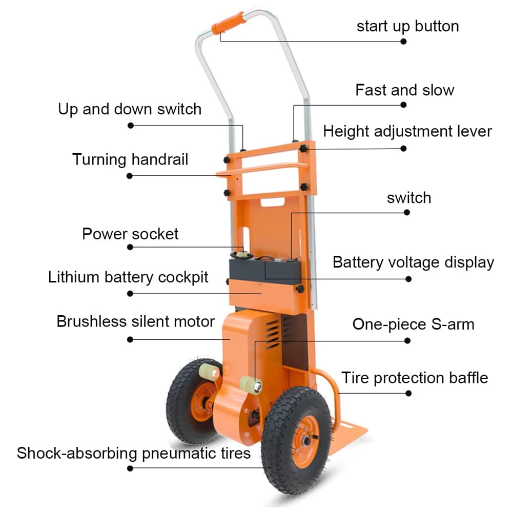 Carrello Saliscale Elettrico, Carrello a Mano su e Giù per le Scale con Carico 200Kg, Carrello Salva-Manodopera con Motore Brushless da 500W e Batteria Rimovibile 48V/12Ah/Arancione/500W