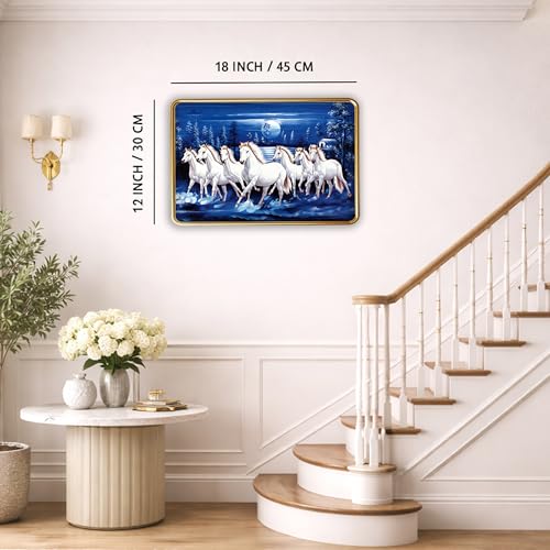 Image of XOPY Seven Running Horses with Golden Frame | Vastu 7 horses Raw Pyrite Painting for Home, Office & Living Room Wall Decore | 12X18 Inch Sparkle Laminated Frame | Best For Gifting (3068, 12X18)