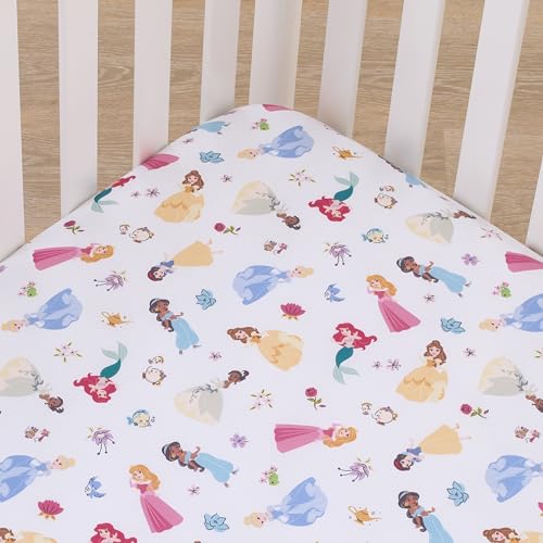 Image of Disney Princess Pink, Blue, Yellow, and White Super Soft Nursery Fitted Mini Crib Sheet