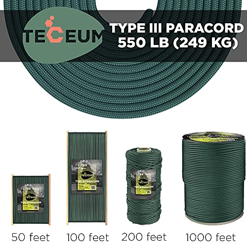 TECEUM Paracord Tipo Iii 550 Verde Esmeralda Escuro -100 Pés -4Mm -Corda Tática Mil-Spec -Corda Para