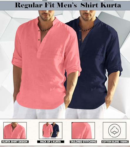 Image of Zombom Men's Combo Cotton Polyester Blend Solid Full Sleeve Straight Regular Fit Mandarin /Chinese Collor Kurta (Pack of 2)