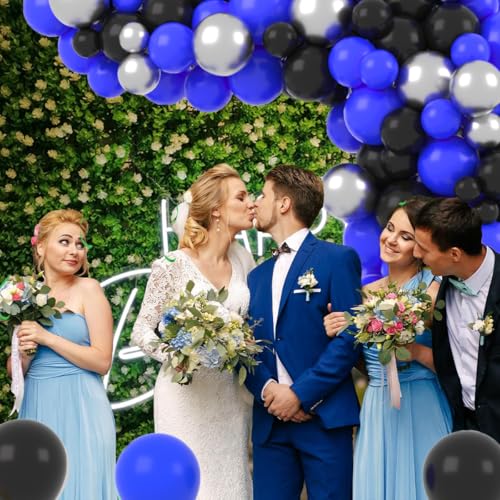 Image of Royal Blue Black Balloon Garland Kit, 121 PCS DIY Balloon Arch with Blue Black Metallic Silver Balloons Video Gaming Party Supplies for Boys Men 30th 40th Birthday Retirement Grads Party Decorations