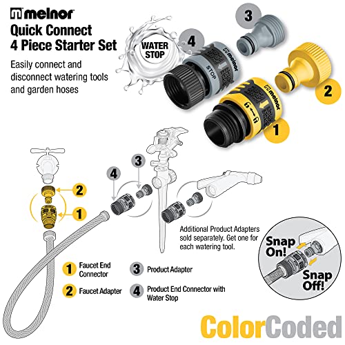 Melnor 65134AMZ 5 Piece Quick Connect Starter Set Connector Bundle, Product and Faucet Adapter, Product End and Faucet End Connector, Black, Yellow, Grey - Thumbnail 6