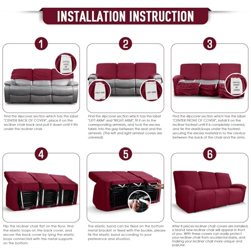 Image of TAOCOCO Recliner Sofa Covers 8-Pieces Stretch Large Couch Covers for 3 Seats Reclining Slipcovers Soft Jacquard Pattern Furniture Protector (Burgundy)