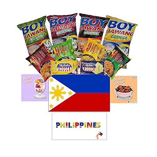 HCG Filipino Snack Box Variety Pack with Philippines Flag Sticker, Boy Bawang, Lucky Me Noodles, Skyflakes