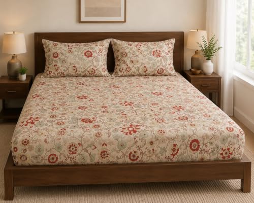 Image of Trance Home Linen 144TC 100% Cotton 84 inchx72 inch Elastic Fitted Bedsheet Cal.King Bed Size | Printed Fitted Sheet | Elasticated Fitted Bedspread with 2 Pillow Covers (84x72 inch, Kalamkari Rust)