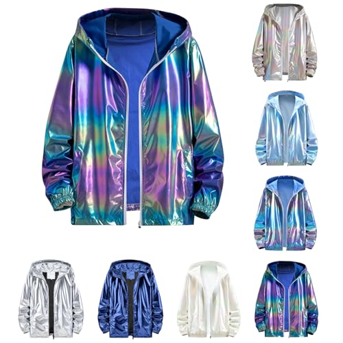 Image of Silver Metallic Glitter Jacket Men Women Carnival Costume 80s 90s Disco Bomber Jacket with Hood Zip Sequins Vintage Sports Jacket Wind Jacket Long Sleeve Coat Winter Jacket Streetwear, Blue #1, L