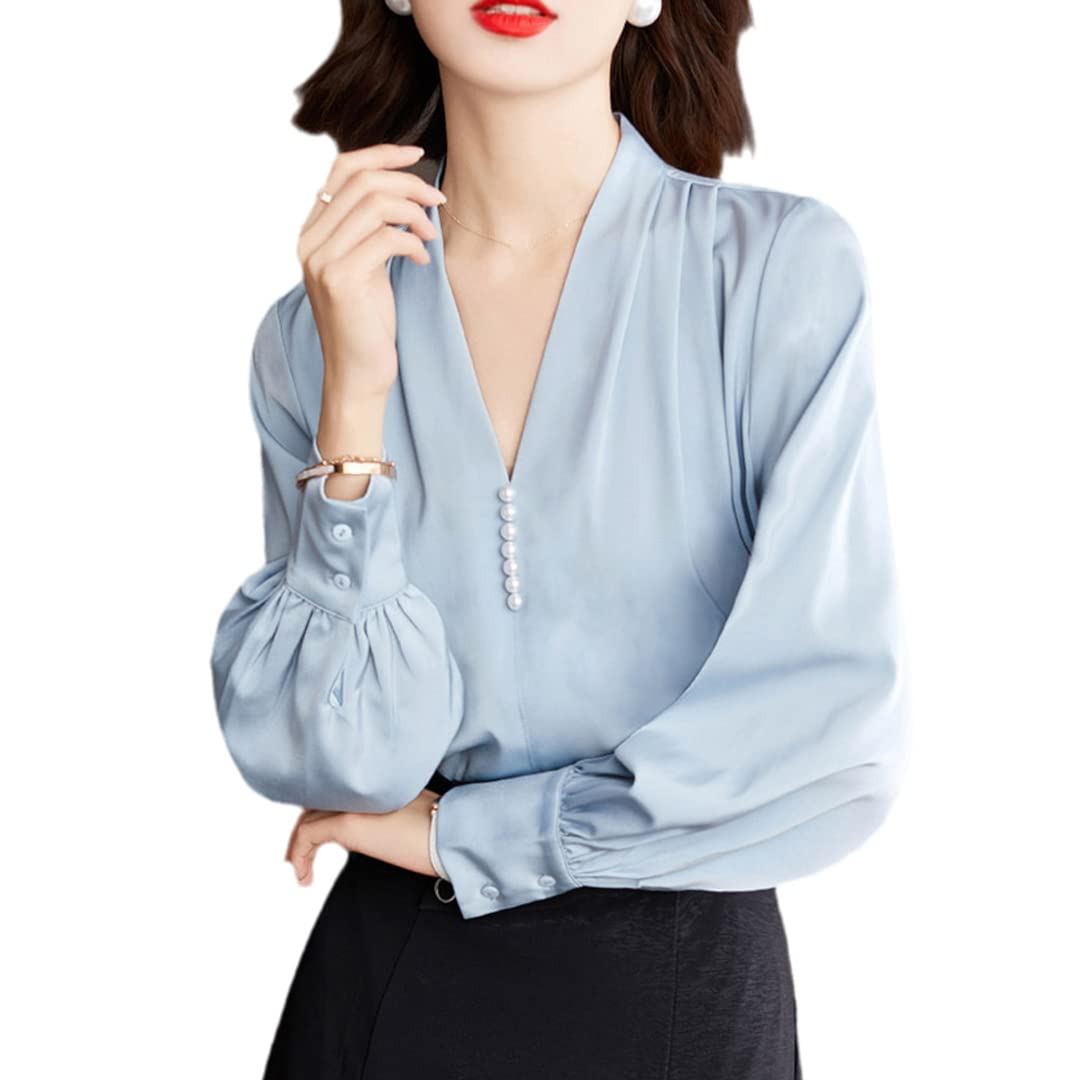 Camisa de Manga Larga con Cuello en V para Mujer Primavera Casual Blusa de Trabajo de Oficina Suelta Camisas de Gasa Plisada con Cuentas Blue M