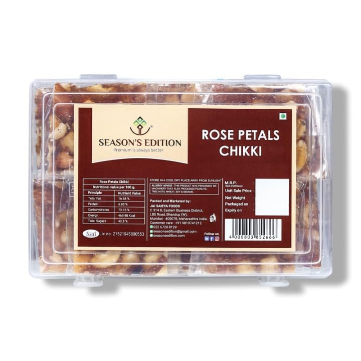 Image of Season's Edition Rose Petals Gulab Chikki-150 gm | No Added Preservatives or Colours | Nutritious Delicious High Protien Healthy Dry Fruit Crunchy Gajak Chikki Sweets with Rose Petals, Almonds, Cashews & Pistachios