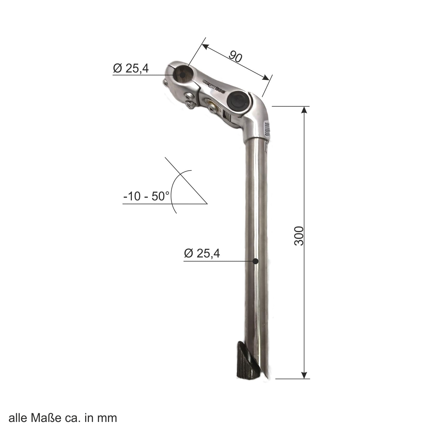Ergotec - Potence de guidon - 25,4 mm - En acier inoxydable - Réglable - 10° à + 50° - Potence 22,2-90/300 mm - Avec démonte-pneu