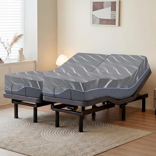 Split King Adjustable Bed Frame with Wireless Remote + 12 Inch Grey Gel Medium Firm Memory Foam Mattress in a Box Head and Foot Incline 0 Gravity/Anti-Snore Sturdy Smart Electric Bed Base 80 76