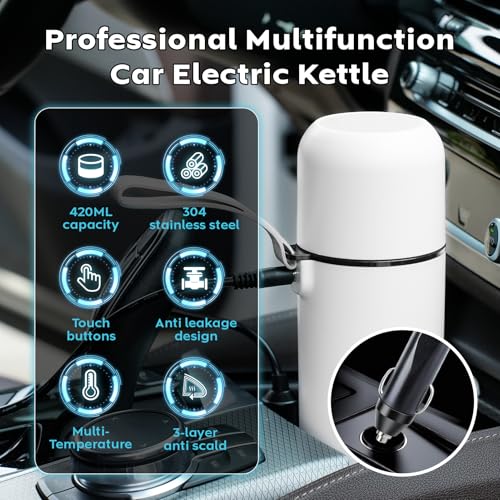 Image of Car Kettle, Portable Electric Travel Kettle, 12V /24V Car Coffee Warmer,420ML Hot Water Heater with Built-in Magnetic Induction Stirring,Mini Hot Water Boiler for Tea Coffee Milk