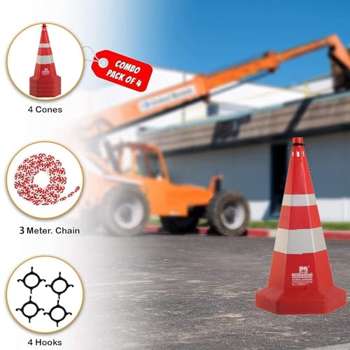 Image of Nilkamal Road Traffic Safety Cone, Pack of 4 Cones 1000 mm, with 3 mtr Chain + 2 Hooks, (Safety Cone, Traffic Safety Cone, Road Safety Cone with Reflective Strips Collar)