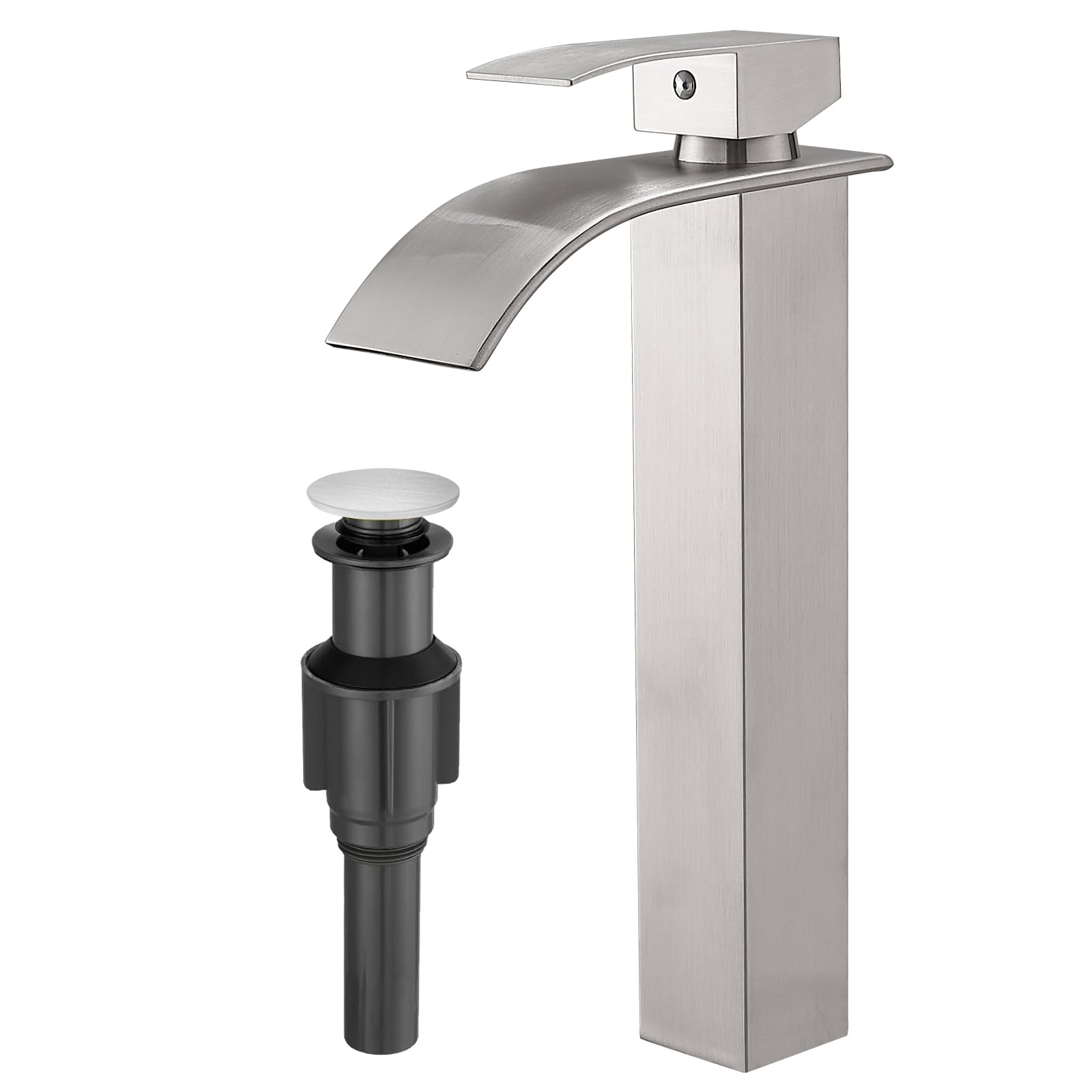 Jnfidosr Brushed Nickel Tall Bathroom Faucet With Pop Up Drain Modern Single Handle One Hole Bathroom Vessel Sink Faucet Waterfall Spout Rv Lavatory Vanity Faucet Deck Mount Mixer Tap, Stainless Steel