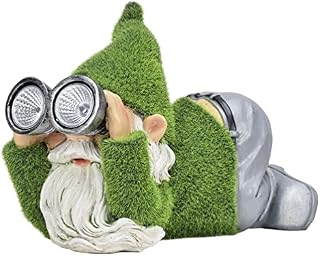 TERESA'S COLLECTIONS Funny Gnome Garden Ornaments Outdoor with Solar Lights, Flocked Gnome with Telescope Statue Sculpture Figurines, Waterproof Resin Garden Gifts Decorations for Lawn Patio, 26.5cm