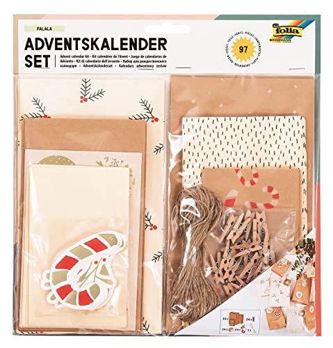 folia 9383 - Adventskalender-Set 'Falala', 97-teiliges DIY Bastel-Set zur Gestaltung eines individuellen Adventskalenders mit eleganten Geschenk-Tüten