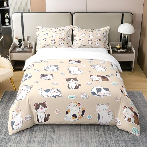 Feelyou Cat Duvet Cover Set 3Pcs Cotton for Kids Teens Queen