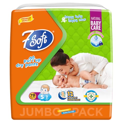 Image of 7 Soft Pull Up Dry Pants Diaper, Small (S) Up to 7 kg, 78 Count (Jumbo Pack) - Baby Diaper Pants with Locking System, Up to 12 Hours Protection, Easy Wear Pull-Up
