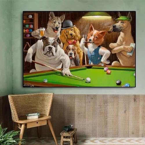 Toile drôle de dessin animé de chien au billard pour votre bureau