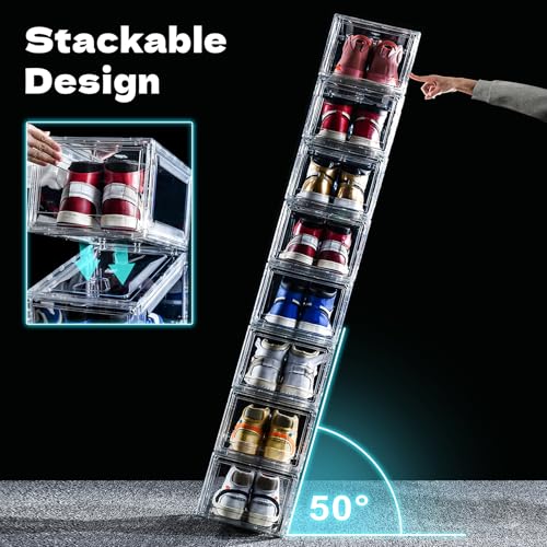 Image of 6 Pack Acrylic Shoe Boxes, Ultra Clear Shoe Boxes Stackable, Shoe Storage Box Sneaker Storage for Sneakerhead, Foldable Shoe Organizer with Magnetic Door, Professional Shoe Display Fits US Size 15