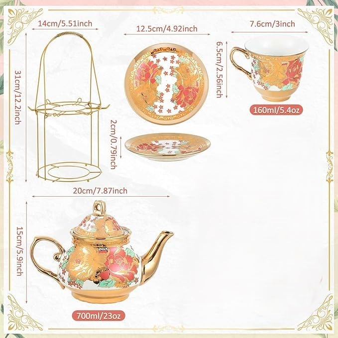 Image of DEEDECORWAVE Elegant (13-Piece) Ceramic Tea Set - 800ML Teapot with 6 Cups & Saucers, Metal Holder | Tea Lovers, Home, Office & Parties | Assorted Patterns