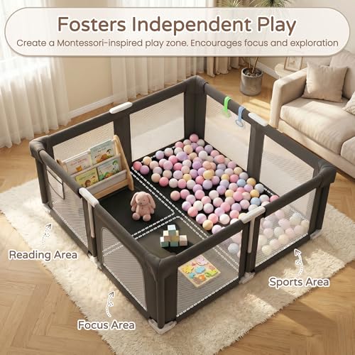Image of Foldable Playpen for Babies and Toddlers, 51 inch Portable Play Pen with Mat and Ocean Balls, Play Yard with with Visible Mesh for Inddor and Outdoor, No Assembly Required, Black